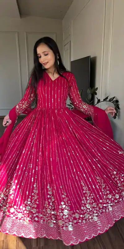 Ram 065 Pink Fox Georgette sequence Embroidery Work With Gown Wedding, Party, Festive, Events Etc.4-6 Working Days@ 2149/-only | Bollywood Gowns, Creative Gowns, Designer Gowns, Embroidered Gowns, Gowns, Party Wear Gowns