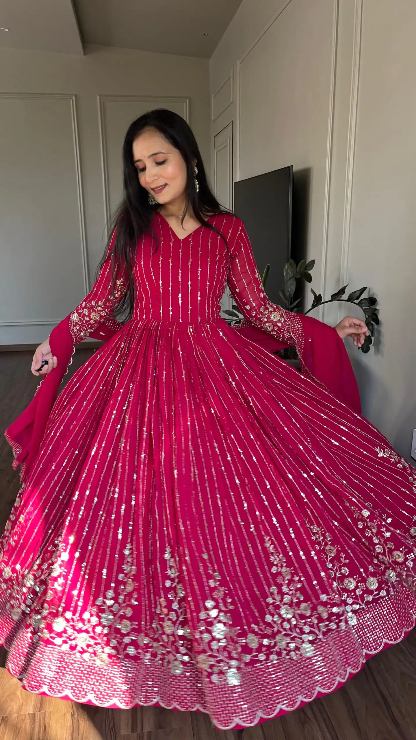 Ram 065 Pink Fox Georgette sequence Embroidery Work With Gown Wedding, Party, Festive, Events Etc.4-6 Working Days@ 2149/-only | Bollywood Gowns, Creative Gowns, Designer Gowns, Embroidered Gowns, Gowns, Party Wear Gowns