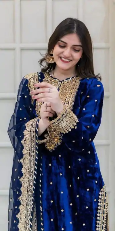 SR-1652 Blue Color Velvet Georgette Embroidery Sequence Salwar Suit Casual, Wedding, Party, Festive, Events Etc.4-6 Working Days@ 2049/-only  | Casual Suits, Jump Suits, Creative suits, Designer Suits, Palazzo Suits, Party Wear Suits, Patiala Suits, Salwar suit, Straight Suits