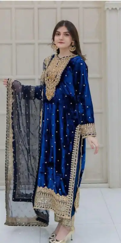 SR-1652 Blue Color Velvet Georgette Embroidery Sequence Salwar Suit Casual, Wedding, Party, Festive, Events Etc.4-6 Working Days@ 2049/-only  | Casual Suits, Jump Suits, Creative suits, Designer Suits, Palazzo Suits, Party Wear Suits, Patiala Suits, Salwar suit, Straight Suits