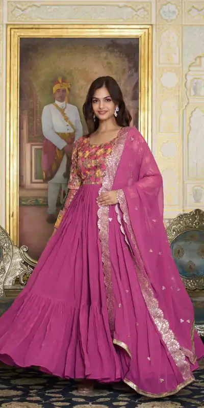  Ram 052 Pink Color Fox Georgette Embroider Pure Zecard Work Gown Wedding Party, Festive, Events Etc.4-6 Working Days@2149/-only  | Bollywood Gowns, Creative Gowns, Designer Gowns, Embroidered Gowns, Gowns, Party Wear Gowns, Straight Suits