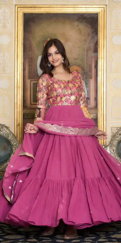  Ram 052 Pink Color Fox Georgette Embroider Pure Zecard Work Gown Wedding Party, Festive, Events Etc.4-6 Working Days@2149/-only  | Bollywood Gowns, Creative Gowns, Designer Gowns, Embroidered Gowns, Gowns, Party Wear Gowns, Straight Suits