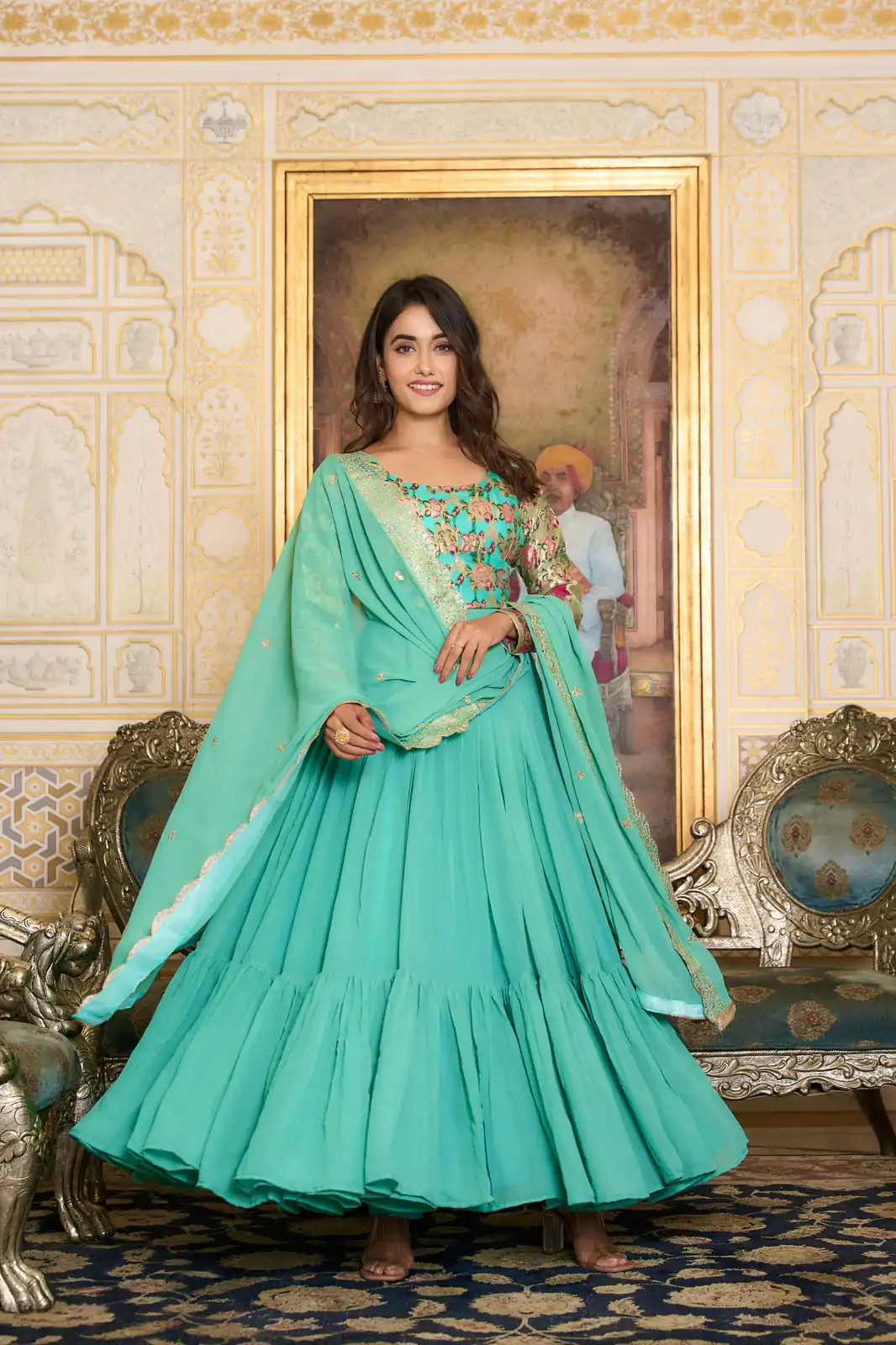  Ram 052 Sea Green Faux Color Fox Georgette Embroider Pure Zecard Work Gown Wedding Party, Festive, Events Etc.4-6 Working Days@2149/- only | Bollywood Gowns, Creative Gowns, Designer Gowns, Embroidered Gowns, Gowns, Party Wear Gowns, Straight Suits