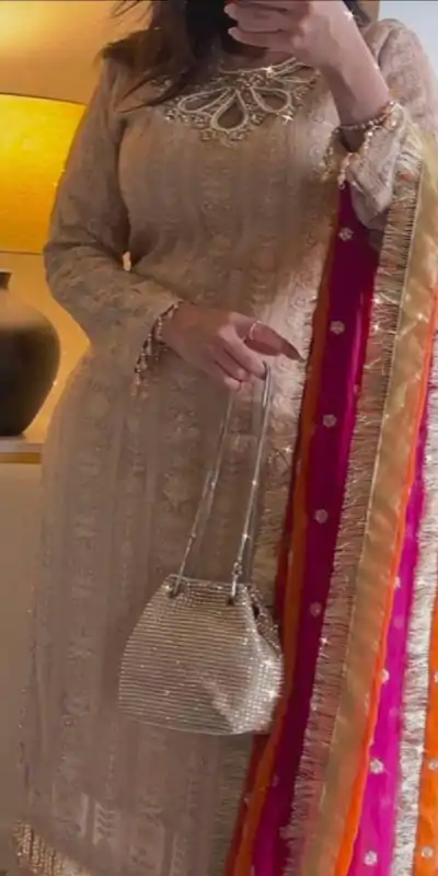 LG 1837Cream Faux Georgette Sequence Embroidery With Sharara Suit Wedding, Party, Festive, Events Etc.4-6 Working Days@2549/-only | Casual Suits, Jump Suits, Creative suits, Designer Suits, Palazzo Suits, Party Wear Suits, Patiala Suits, Salwar suit, Straight Suits