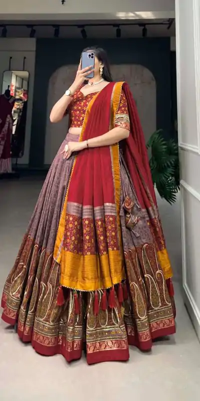 LNB 1209 Red Color Tussar Silk Kashmiri Print With Foil Print Lehenga Choli Wedding, Party, Festive, Events Etc. Delivery 4-6 Working Days Rs 2599 | Creative Lehenga, Bollywood Lehenga, Designer Lehenga, Embroidered Lehenga, Lehenga, Party Wear Lehenga