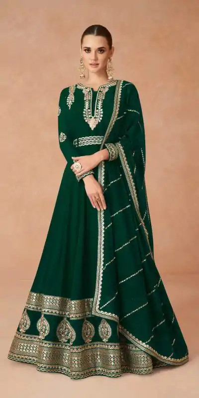 FC 9875 Dark green Color Faux Georgette With Embroidery Work Anarkali Gown Wedding Party, Festive, Events Etc.4-6 Working Days@2549/- only | Bollywood Gowns, Creative Gowns, Designer Gowns, Embroidered Gowns, Gowns, Party Wear Gowns, Straight Suits