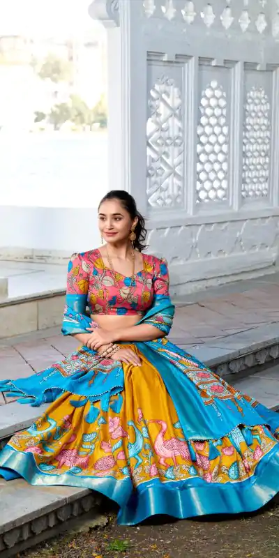 LNB 1234 Sky Blue Color Dola Silk Kalamkari Print Zari Border Lehenga Choli  Wedding, Party, Festive, Events Etc. Delivery 4-6 Working Days Rs 2149 | Creative Lehenga, Bollywood Lehenga, Designer Lehenga, Embroidered Lehenga, Lehenga, Party Wear Lehenga