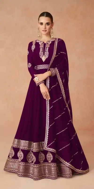 FC 9875 Wine Color Faux Georgette With Embroidery Work Anarkali Gown Wedding Party, Festive, Events Etc.4-6 Working Days@2549/- only | Bollywood Gowns, Creative Gowns, Designer Gowns, Embroidered Gowns, Gowns, Party Wear Gowns, Straight Suits