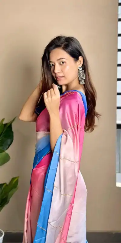 AC Satin Blue Color Soft Georgette Satin With Digital Print Embroidery Work Saree , Wedding, Festive, Events . Expected Delivery  4-6 Working Days @2299/- | Embroidered Sarees, Bollywood Sarees, Creative Sarees, Designer Sarees, Ethnic Saree, Modern Digital sarees, Party Wear Sarees, Sarees