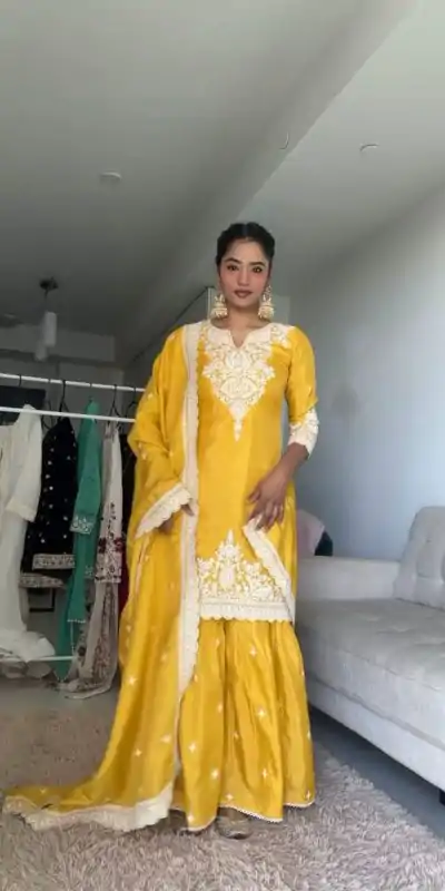 RTC 5827 Yellow  Color Chinnon Silk thread With Sequence Sharara Suit Wedding, Party, Festive, Events Etc.  Expected Delivery 4-6 Working Days @2399/- | Casual Suits, Jump Suits, Creative suits, Designer Suits, Palazzo Suits, Party Wear Suits, Patiala Suits, Salwar suit, Straight Suits