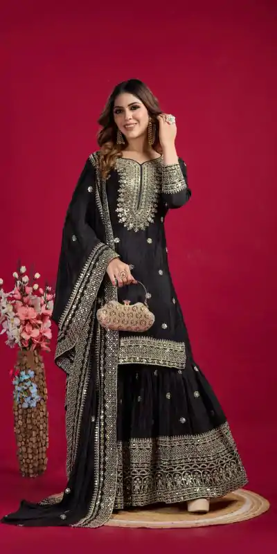 NSR-800 Black Color Chinnon Silk With Embroidery Work Sharara Suit Wedding, Party, Festive, Events Etc.  Expected Delivery 4-6 Working Days @2149/- | Casual Suits, Jump Suits, Creative suits, Designer Suits, Palazzo Suits, Party Wear Suits, Patiala Suits, Salwar suit, Straight Suits