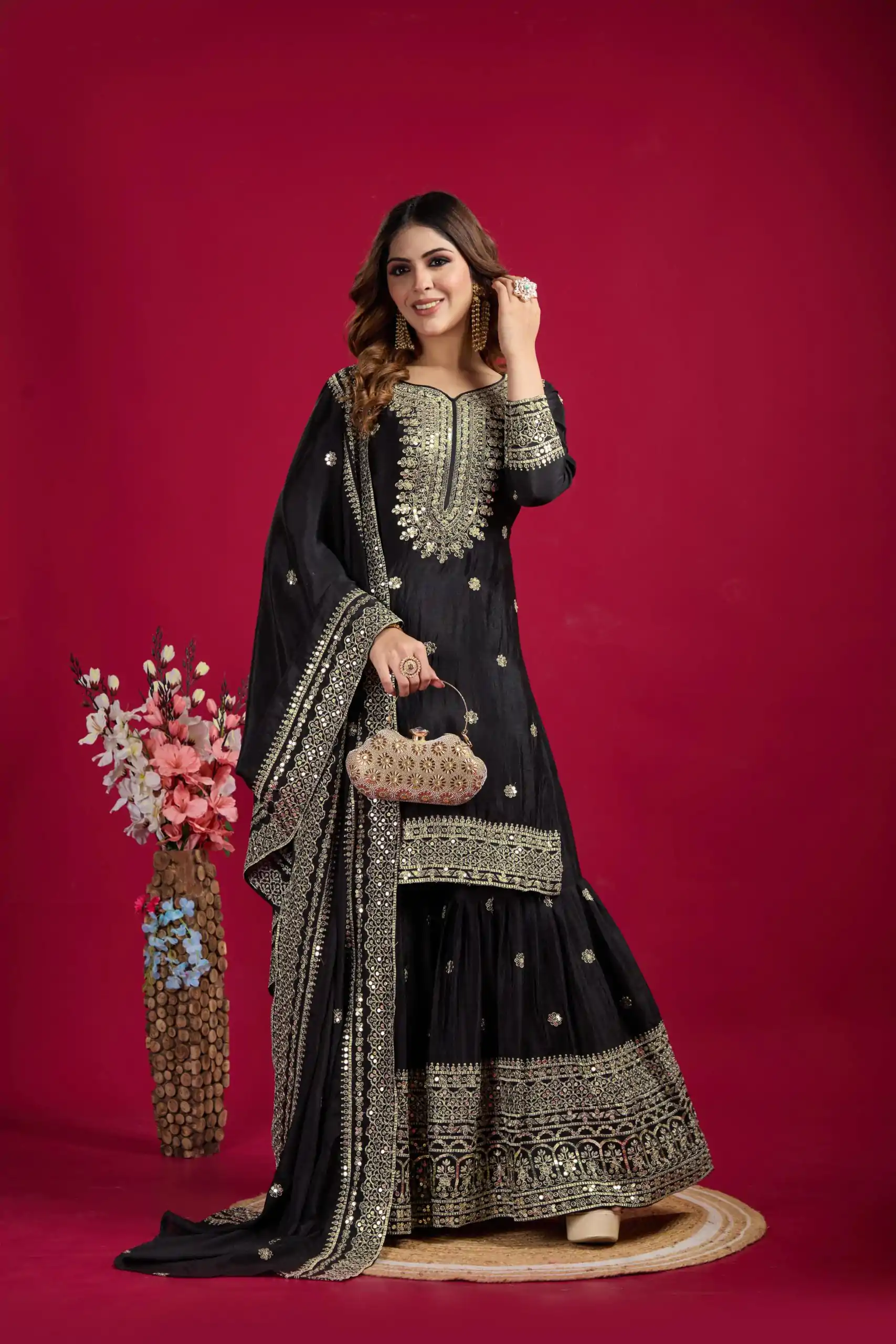 NSR-800 Black Color Chinnon Silk With Embroidery Work Sharara Suit Wedding, Party, Festive, Events Etc.  Expected Delivery 4-6 Working Days @2149/- | Casual Suits, Jump Suits, Creative suits, Designer Suits, Palazzo Suits, Party Wear Suits, Patiala Suits, Salwar suit, Straight Suits