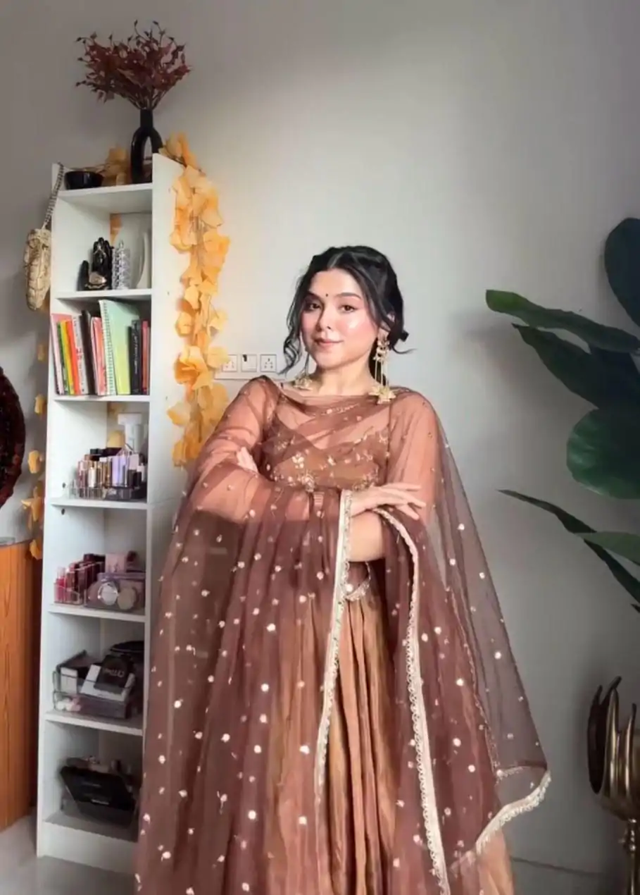 SRK 5239 Brown Color Fendi Silk With Embroidery Sequence Work Anarkali Gown Wedding Party, Festive, Events Etc.4-6 Working Days@1999/- only | Bollywood Gowns, Creative Gowns, Designer Gowns, Embroidered Gowns, Gowns, Party Wear Gowns, Straight Suits