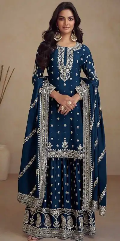 FC 5231 Blue Color Heavy Semi Chinon Silk Codding Embroidery Salwar Suit Casual, Wedding, Party, Festive, Events Etc.4-6 Working Days@ 2899/-only | Casual Suits, Jump Suits, Creative suits, Designer Suits, Palazzo Suits, Party Wear Suits, Patiala Suits, Salwar suit, Straight Suits