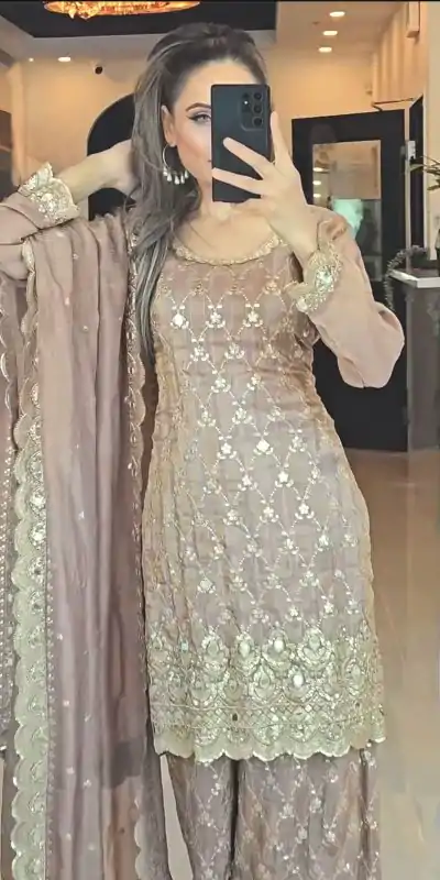 NSR 839 Cream Chinnon Silk Embroidery Sequence Work Real Mirror Hand Work Salwar Suit, Wedding, Party, Festive, Events Etc.4-6 Working Days@ 2049/-only | Casual Suits, Jump Suits, Creative suits, Designer Suits, Palazzo Suits, Party Wear Suits, Patiala Suits, Salwar suit, Straight Suits