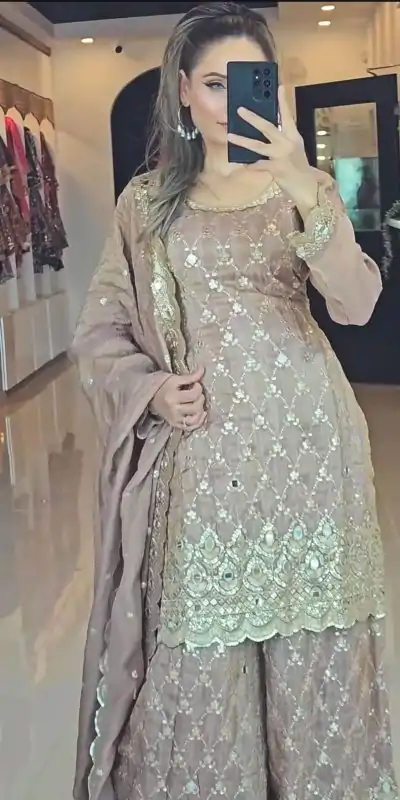 NSR 839 Cream Chinnon Silk Embroidery Sequence Work Real Mirror Hand Work Salwar Suit, Wedding, Party, Festive, Events Etc.4-6 Working Days@ 2049/-only | Casual Suits, Jump Suits, Creative suits, Designer Suits, Palazzo Suits, Party Wear Suits, Patiala Suits, Salwar suit, Straight Suits
