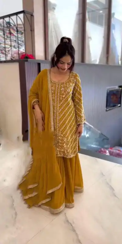 ZSR 3106 Yellow Color Faux Georgette With Embroidery Sequence Work Salwar Suit Casual, Wedding, Party, Festive, Events Etc.4-6 Working Days@ 2049/-only | Casual Suits, Jump Suits, Creative suits, Designer Suits, Palazzo Suits, Party Wear Suits, Patiala Suits, Salwar suit, Straight Suits