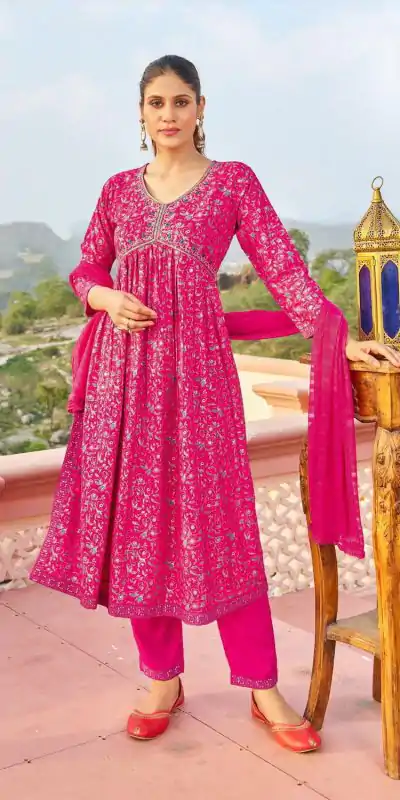  NILI Aliaa NX Dark Pink Color Rayon Alia Cut With Embroidery Work Kurti Casual, Wedding, Party, Festive, Events Etc. 4-6 Working Days @1699/- | Bollywood Kurti, Creative Kurtis, Designer Kurti, Kurti, Party Wear Kurti, Selfie Kurti