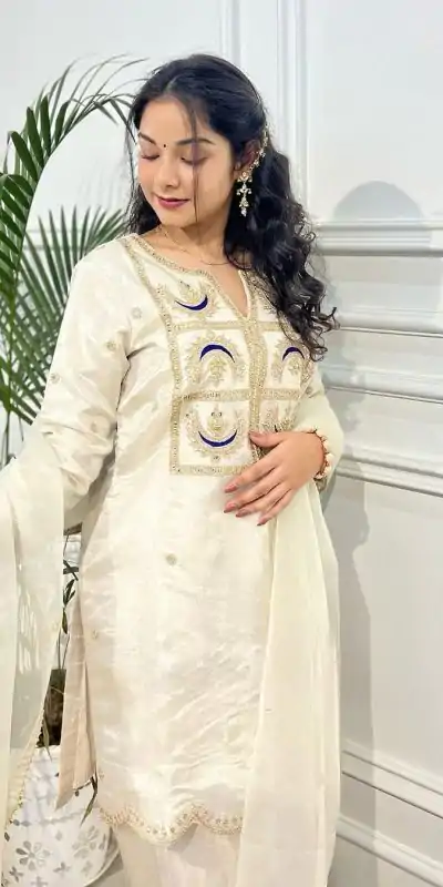 ZSR 3105 White VI Chitra Silk With Heavy Coding Embroidery Sequence Work Salwar Suit , Wedding, Party, Festive, Events Etc.4-6 Working Days@ 1899/-only | Casual Suits, Jump Suits, Creative suits, Designer Suits, Palazzo Suits, Party Wear Suits, Patiala Suits, Salwar suit, Straight Suits