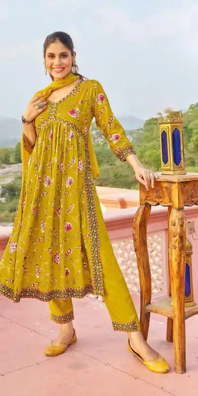  NILI Aliaa NX Yellow Color Rayon Alia Cut With Embroidery Work Kurti Casual, Wedding, Party, Festive, Events Etc. 4-6 Working Days @1699/- | Bollywood Kurti, Creative Kurtis, Designer Kurti, Kurti, Party Wear Kurti, Selfie Kurti