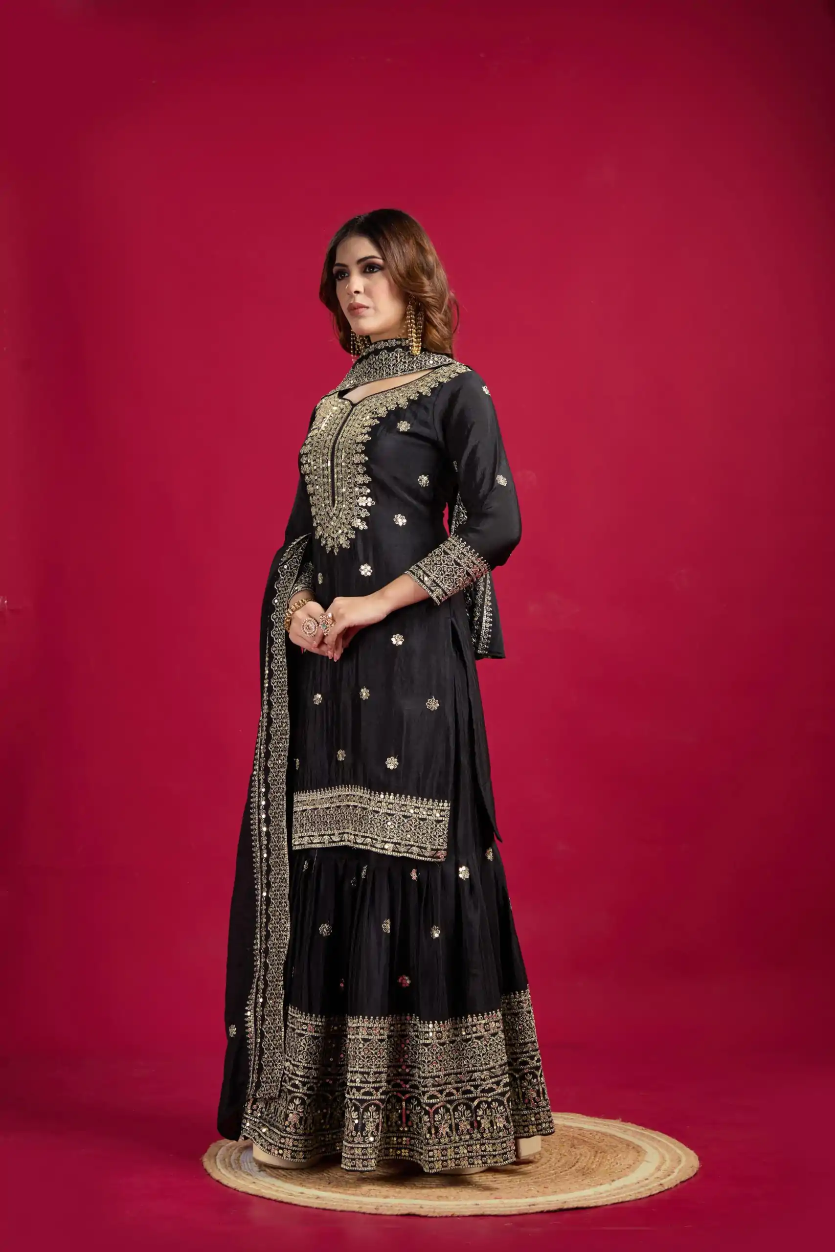 NSR-800 Black Color Chinnon Silk With Embroidery Work Sharara Suit Wedding, Party, Festive, Events Etc.  Expected Delivery 4-6 Working Days @2149/- | Casual Suits, Jump Suits, Creative suits, Designer Suits, Palazzo Suits, Party Wear Suits, Patiala Suits, Salwar suit, Straight Suits