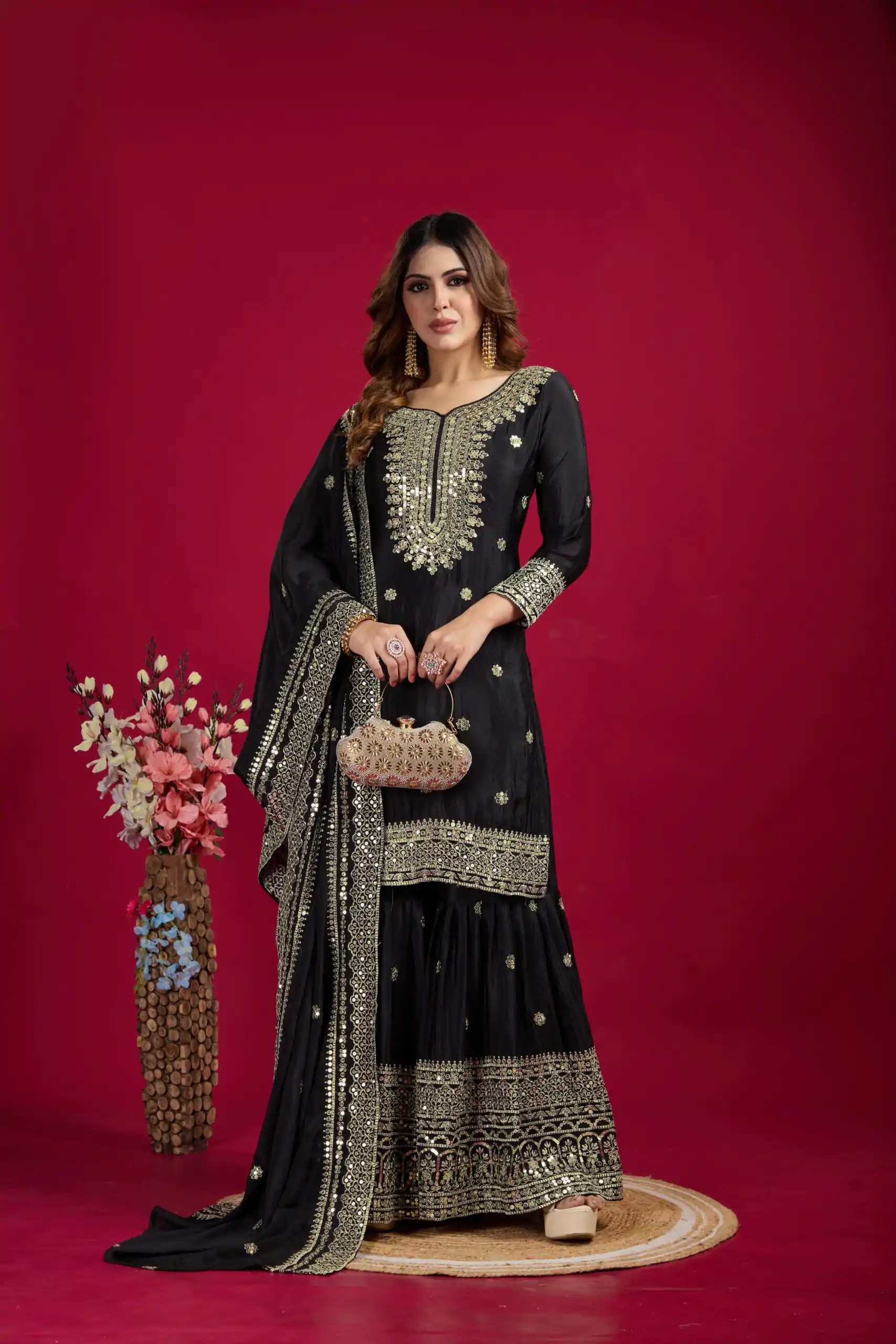 NSR-800 Black Color Chinnon Silk With Embroidery Work Sharara Suit Wedding, Party, Festive, Events Etc.  Expected Delivery 4-6 Working Days @2149/- | Casual Suits, Jump Suits, Creative suits, Designer Suits, Palazzo Suits, Party Wear Suits, Patiala Suits, Salwar suit, Straight Suits