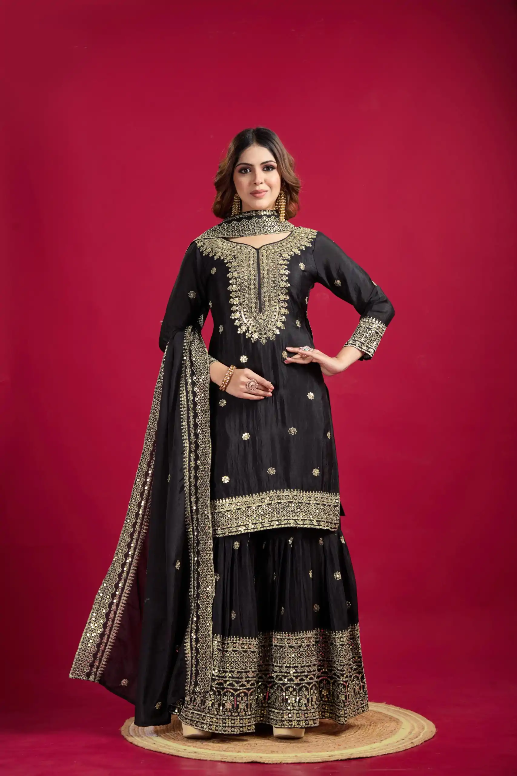 NSR-800 Black Color Chinnon Silk With Embroidery Work Sharara Suit Wedding, Party, Festive, Events Etc.  Expected Delivery 4-6 Working Days @2149/- | Casual Suits, Jump Suits, Creative suits, Designer Suits, Palazzo Suits, Party Wear Suits, Patiala Suits, Salwar suit, Straight Suits