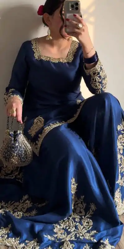 LG 1872 Blue Color Chinnon Silk With Embroidery Work Sharara Suit Wedding, Party, Festive, Events Etc.  Expected Delivery 4-6 Working Days @2049/- | Casual Suits, Jump Suits, Creative suits, Designer Suits, Palazzo Suits, Party Wear Suits, Patiala Suits, Salwar suit, Straight Suits