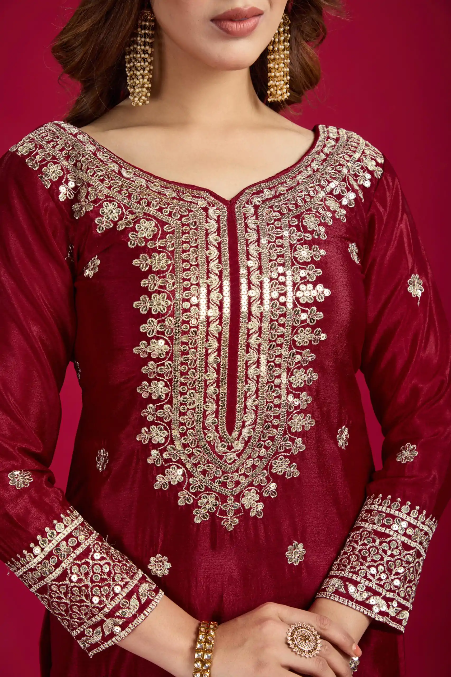 NSR-800 Marron Color Chinnon Silk With Embroidery Work Sharara Suit Wedding, Party, Festive, Events Etc.  Expected Delivery 4-6 Working Days @2149/- | Casual Suits, Jump Suits, Creative suits, Designer Suits, Palazzo Suits, Party Wear Suits, Patiala Suits, Salwar suit, Straight Suits