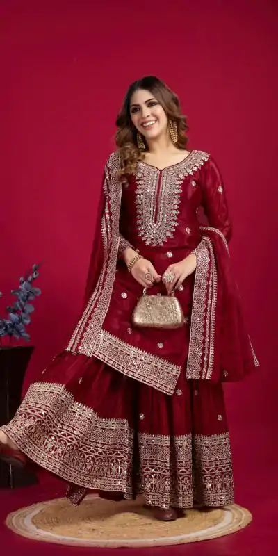 NSR-800 Marron Color Chinnon Silk With Embroidery Work Sharara Suit Wedding, Party, Festive, Events Etc.  Expected Delivery 4-6 Working Days @2149/- | Casual Suits, Jump Suits, Creative suits, Designer Suits, Palazzo Suits, Party Wear Suits, Patiala Suits, Salwar suit, Straight Suits