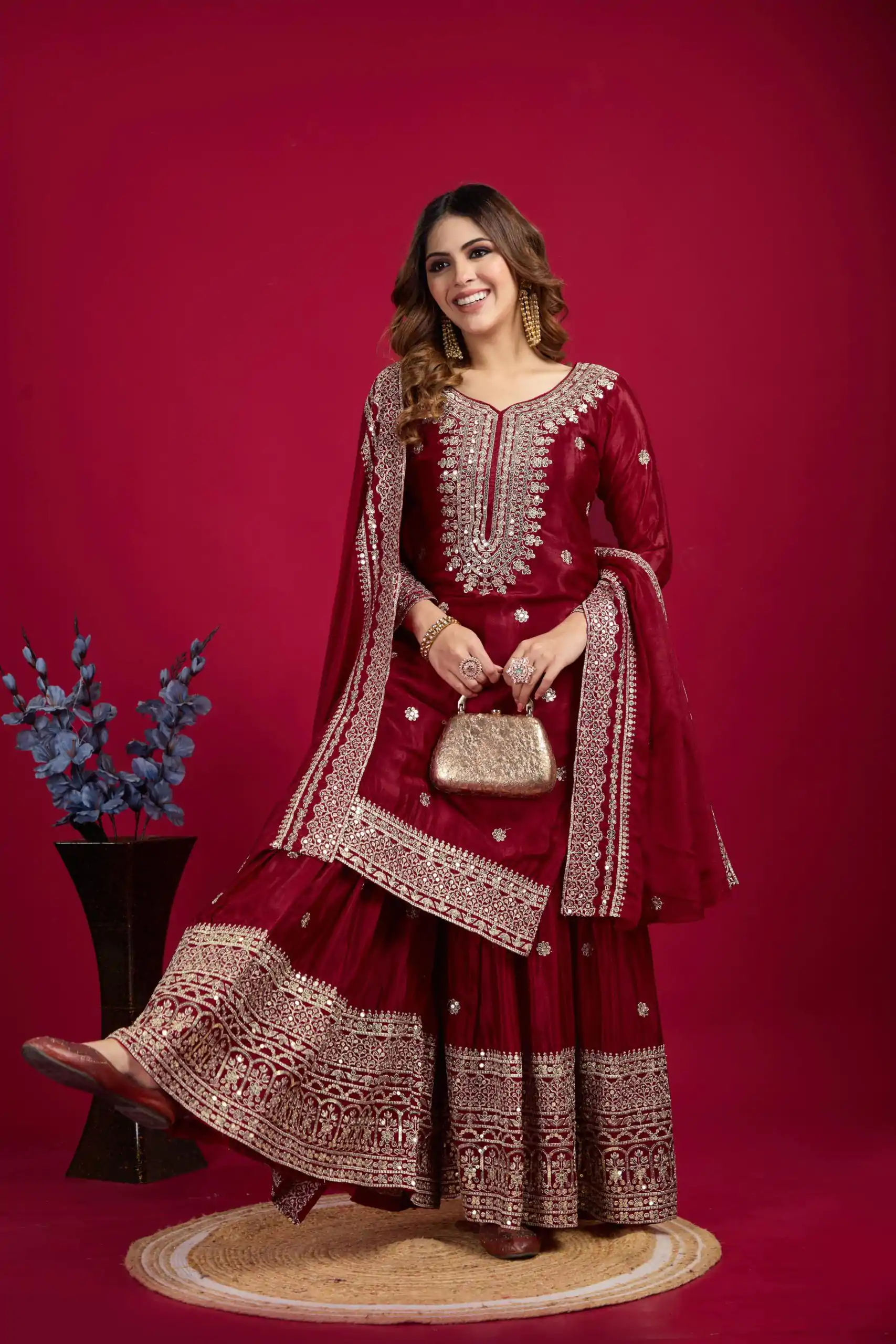 NSR-800 Marron Color Chinnon Silk With Embroidery Work Sharara Suit Wedding, Party, Festive, Events Etc.  Expected Delivery 4-6 Working Days @2149/- | Casual Suits, Jump Suits, Creative suits, Designer Suits, Palazzo Suits, Party Wear Suits, Patiala Suits, Salwar suit, Straight Suits