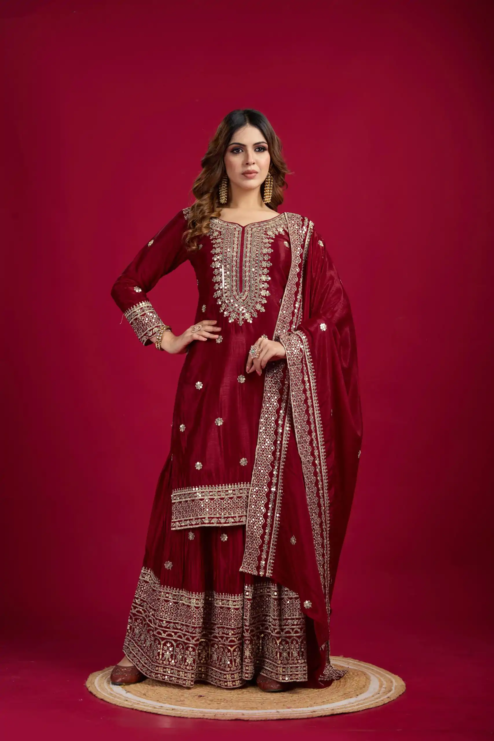 NSR-800 Marron Color Chinnon Silk With Embroidery Work Sharara Suit Wedding, Party, Festive, Events Etc.  Expected Delivery 4-6 Working Days @2149/- | Casual Suits, Jump Suits, Creative suits, Designer Suits, Palazzo Suits, Party Wear Suits, Patiala Suits, Salwar suit, Straight Suits