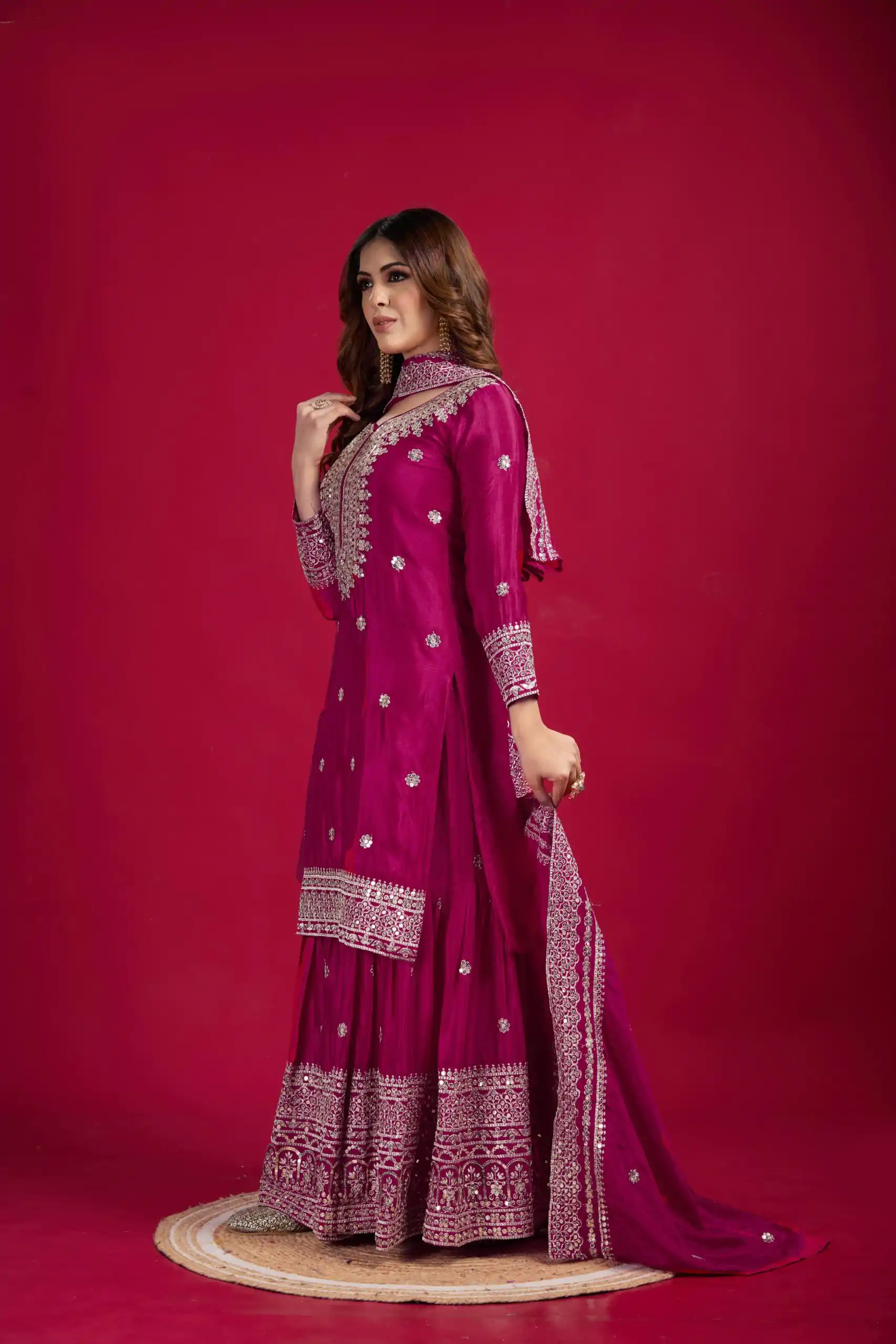 NSR-800 Pink Color Chinnon Silk With Embroidery Work Sharara Suit Wedding, Party, Festive, Events Etc.  Expected Delivery 4-6 Working Days @2149/- | Casual Suits, Jump Suits, Creative suits, Designer Suits, Palazzo Suits, Party Wear Suits, Patiala Suits, Salwar suit, Straight Suits