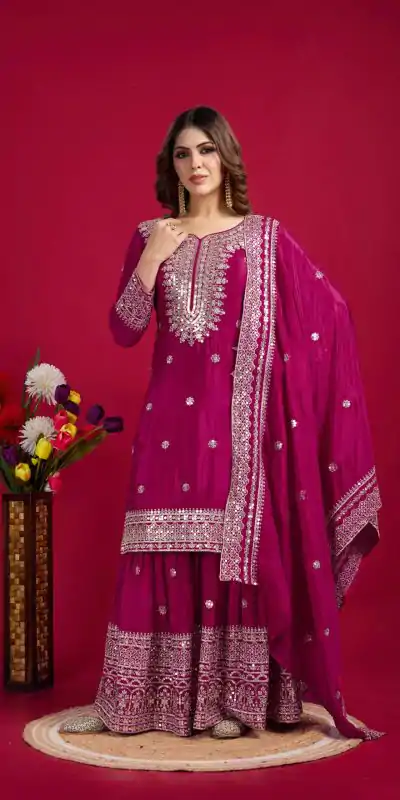 NSR-800 Pink Color Chinnon Silk With Embroidery Work Sharara Suit Wedding, Party, Festive, Events Etc.  Expected Delivery 4-6 Working Days @2149/- | Casual Suits, Jump Suits, Creative suits, Designer Suits, Palazzo Suits, Party Wear Suits, Patiala Suits, Salwar suit, Straight Suits