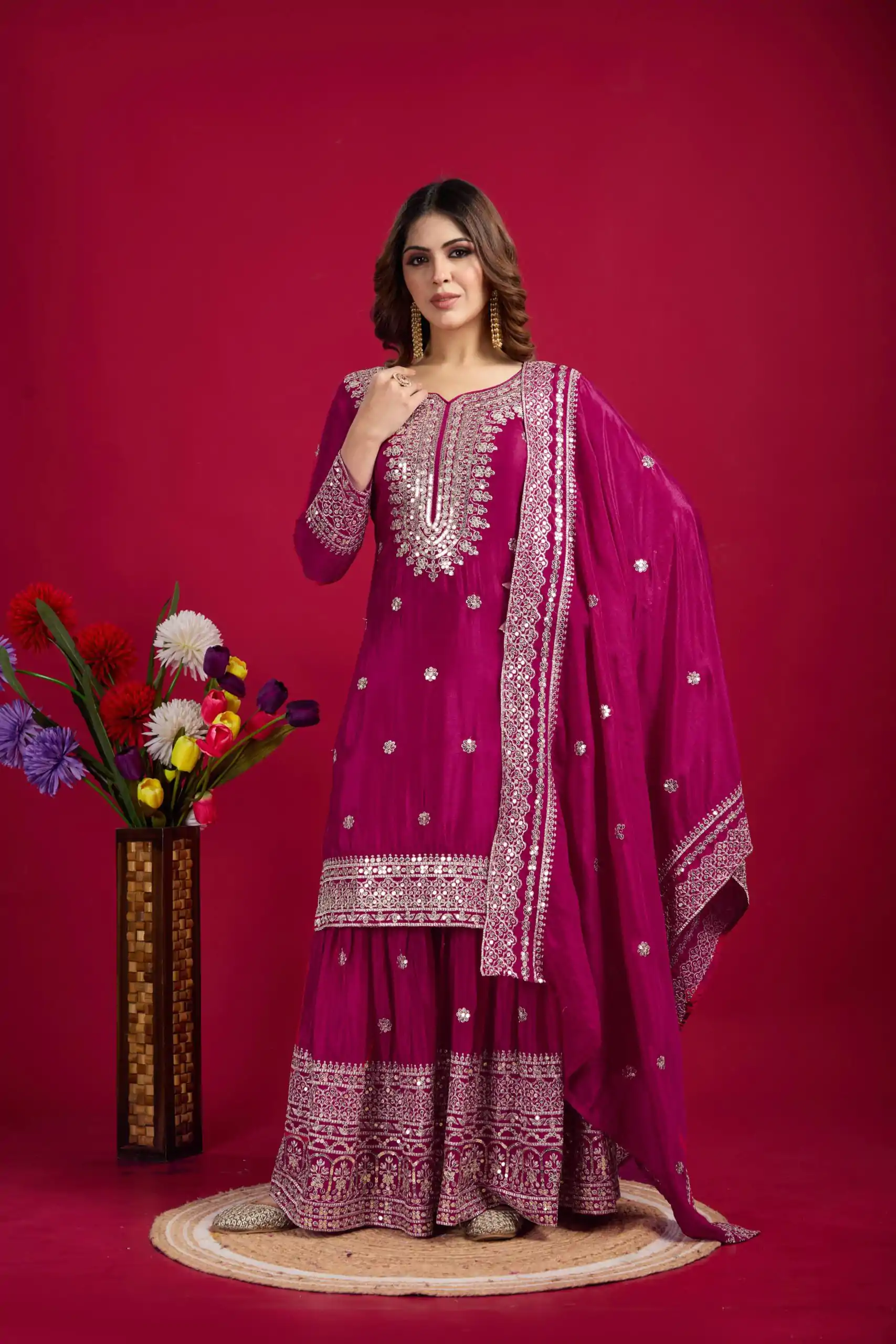 NSR-800 Pink Color Chinnon Silk With Embroidery Work Sharara Suit Wedding, Party, Festive, Events Etc.  Expected Delivery 4-6 Working Days @2149/- | Casual Suits, Jump Suits, Creative suits, Designer Suits, Palazzo Suits, Party Wear Suits, Patiala Suits, Salwar suit, Straight Suits