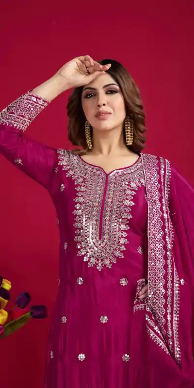 NSR-800 Pink Color Chinnon Silk With Embroidery Work Sharara Suit Wedding, Party, Festive, Events Etc.  Expected Delivery 4-6 Working Days @2149/- | Casual Suits, Jump Suits, Creative suits, Designer Suits, Palazzo Suits, Party Wear Suits, Patiala Suits, Salwar suit, Straight Suits