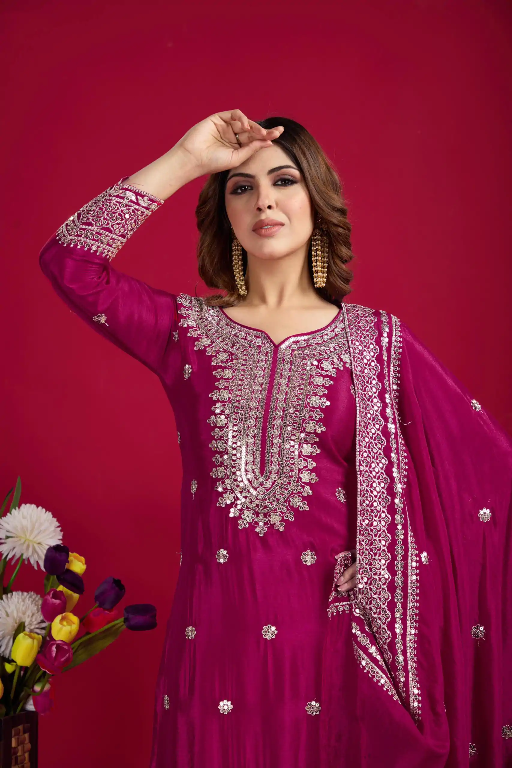 NSR-800 Pink Color Chinnon Silk With Embroidery Work Sharara Suit Wedding, Party, Festive, Events Etc.  Expected Delivery 4-6 Working Days @2149/- | Casual Suits, Jump Suits, Creative suits, Designer Suits, Palazzo Suits, Party Wear Suits, Patiala Suits, Salwar suit, Straight Suits