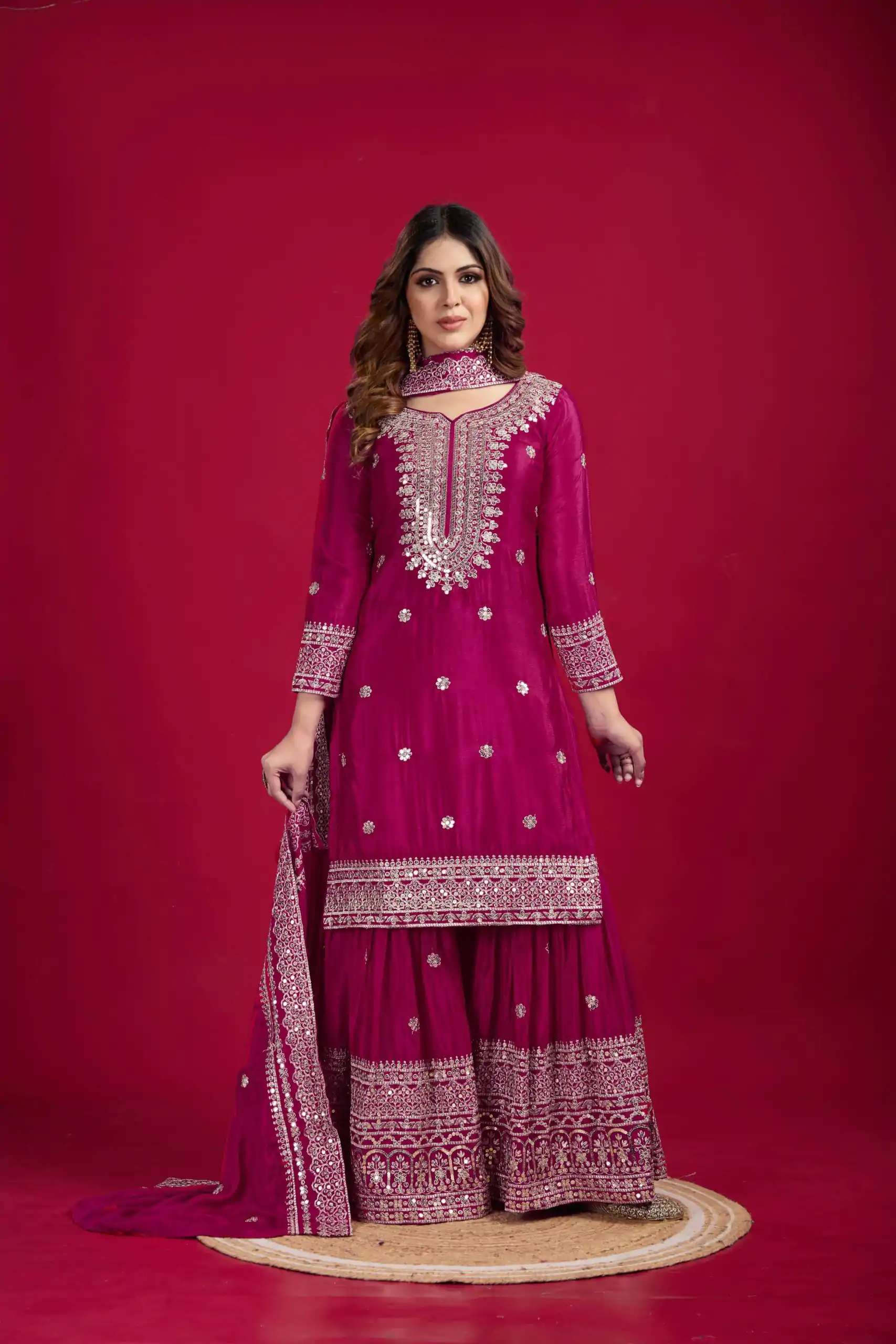 NSR-800 Pink Color Chinnon Silk With Embroidery Work Sharara Suit Wedding, Party, Festive, Events Etc.  Expected Delivery 4-6 Working Days @2149/- | Casual Suits, Jump Suits, Creative suits, Designer Suits, Palazzo Suits, Party Wear Suits, Patiala Suits, Salwar suit, Straight Suits