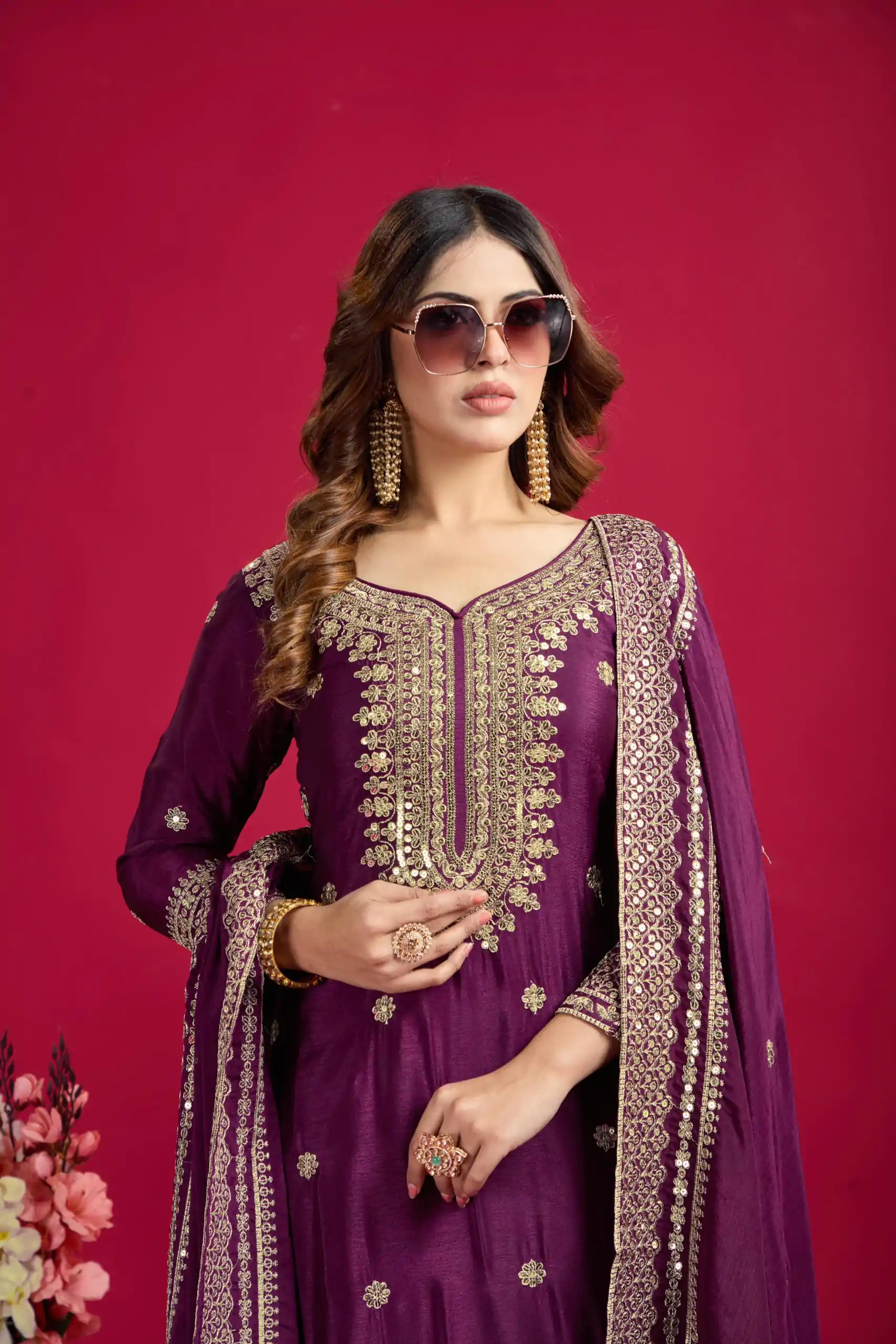 NSR-800 Purple Color Chinnon Silk With Embroidery Work Sharara Suit Wedding, Party, Festive, Events Etc.  Expected Delivery 4-6 Working Days @2149/- | Casual Suits, Jump Suits, Creative suits, Designer Suits, Palazzo Suits, Party Wear Suits, Patiala Suits, Salwar suit, Straight Suits