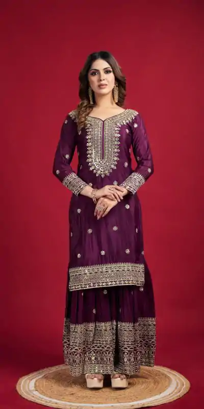 NSR-800 Purple Color Chinnon Silk With Embroidery Work Sharara Suit Wedding, Party, Festive, Events Etc.  Expected Delivery 4-6 Working Days @2149/- | Casual Suits, Jump Suits, Creative suits, Designer Suits, Palazzo Suits, Party Wear Suits, Patiala Suits, Salwar suit, Straight Suits