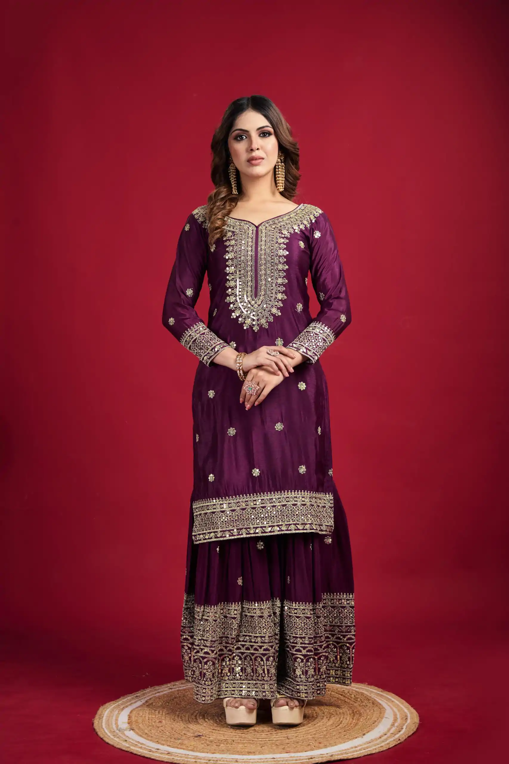 NSR-800 Purple Color Chinnon Silk With Embroidery Work Sharara Suit Wedding, Party, Festive, Events Etc.  Expected Delivery 4-6 Working Days @2149/- | Casual Suits, Jump Suits, Creative suits, Designer Suits, Palazzo Suits, Party Wear Suits, Patiala Suits, Salwar suit, Straight Suits