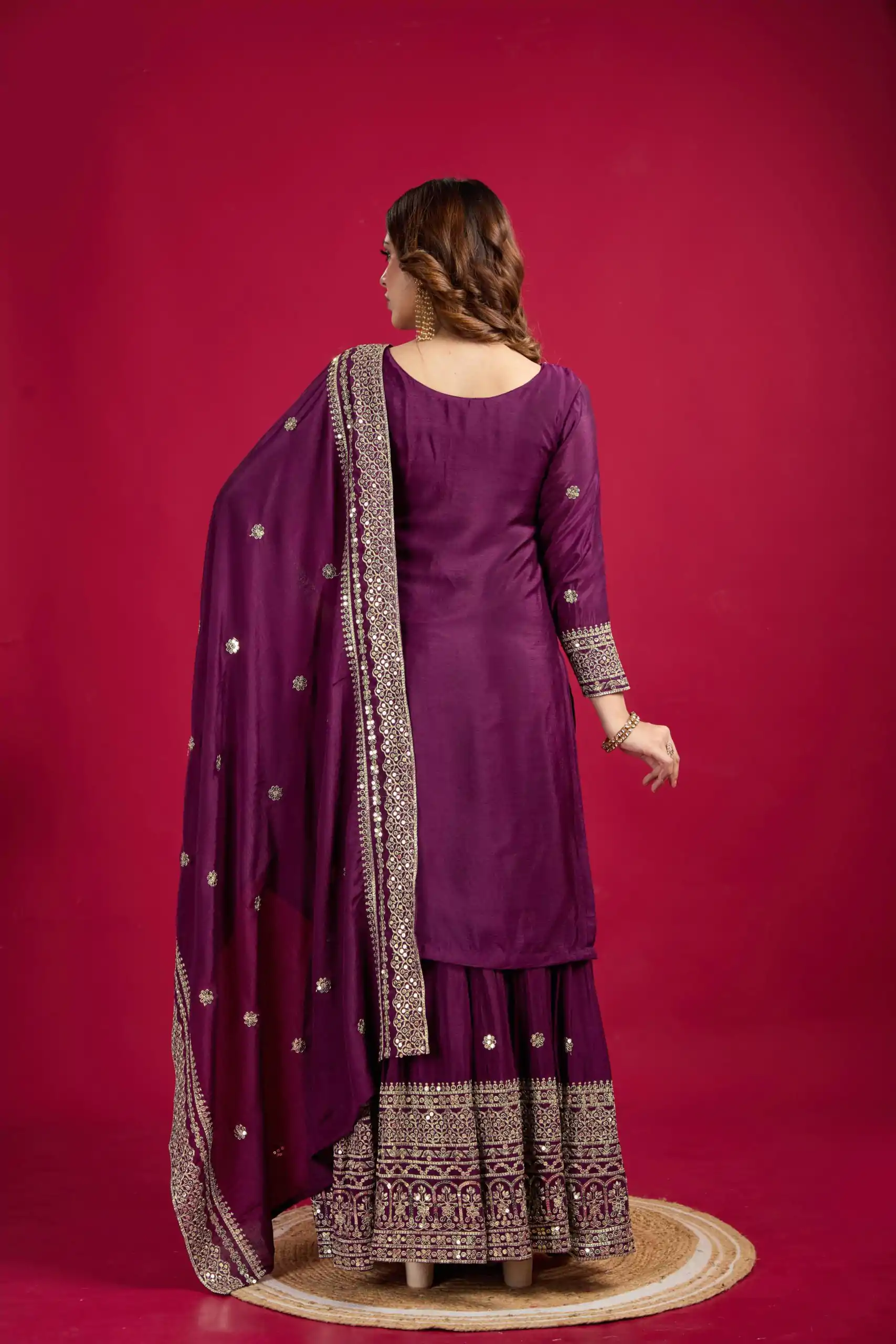 NSR-800 Purple Color Chinnon Silk With Embroidery Work Sharara Suit Wedding, Party, Festive, Events Etc.  Expected Delivery 4-6 Working Days @2149/- | Casual Suits, Jump Suits, Creative suits, Designer Suits, Palazzo Suits, Party Wear Suits, Patiala Suits, Salwar suit, Straight Suits