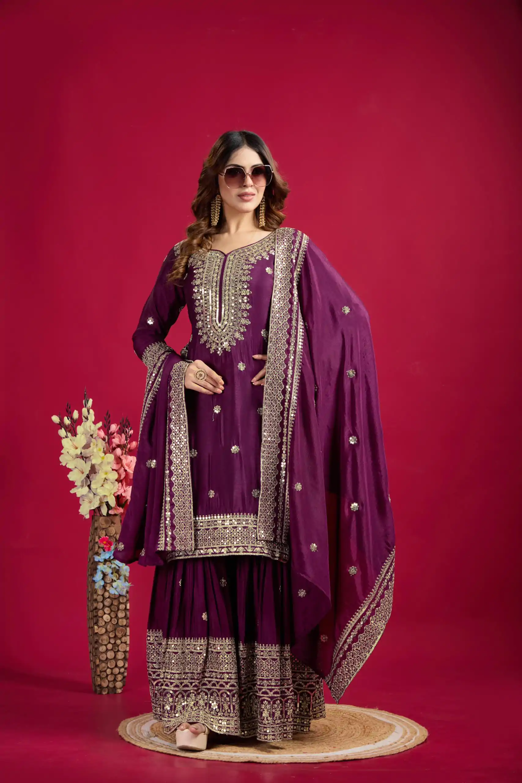 NSR-800 Purple Color Chinnon Silk With Embroidery Work Sharara Suit Wedding, Party, Festive, Events Etc.  Expected Delivery 4-6 Working Days @2149/- | Casual Suits, Jump Suits, Creative suits, Designer Suits, Palazzo Suits, Party Wear Suits, Patiala Suits, Salwar suit, Straight Suits