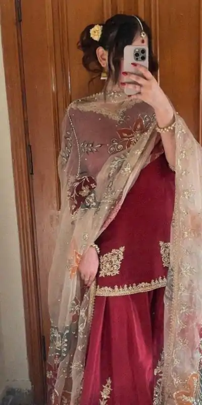 LG 1872 Red Color Chinnon Silk With Embroidery Work Sharara Suit Wedding, Party, Festive, Events Etc.  Expected Delivery 4-6 Working Days @2049/- | Casual Suits, Jump Suits, Creative suits, Designer Suits, Palazzo Suits, Party Wear Suits, Patiala Suits, Salwar suit, Straight Suits