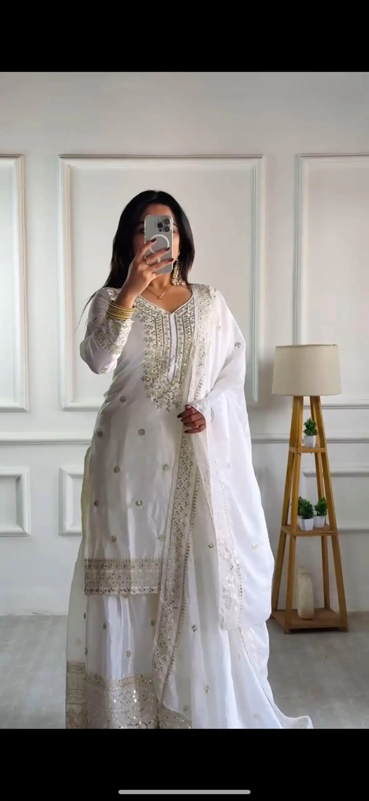 NSR-800 White Color Chinnon Silk With Embroidery Work Sharara Suit Wedding, Party, Festive, Events Etc.  Expected Delivery 4-6 Working Days @2149/- | Casual Suits, Jump Suits, Creative suits, Designer Suits, Palazzo Suits, Party Wear Suits, Patiala Suits, Salwar suit, Straight Suits