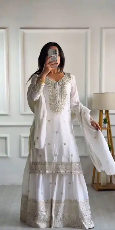 NSR-800 White Color Chinnon Silk With Embroidery Work Sharara Suit Wedding, Party, Festive, Events Etc.  Expected Delivery 4-6 Working Days @2149/- | Casual Suits, Jump Suits, Creative suits, Designer Suits, Palazzo Suits, Party Wear Suits, Patiala Suits, Salwar suit, Straight Suits