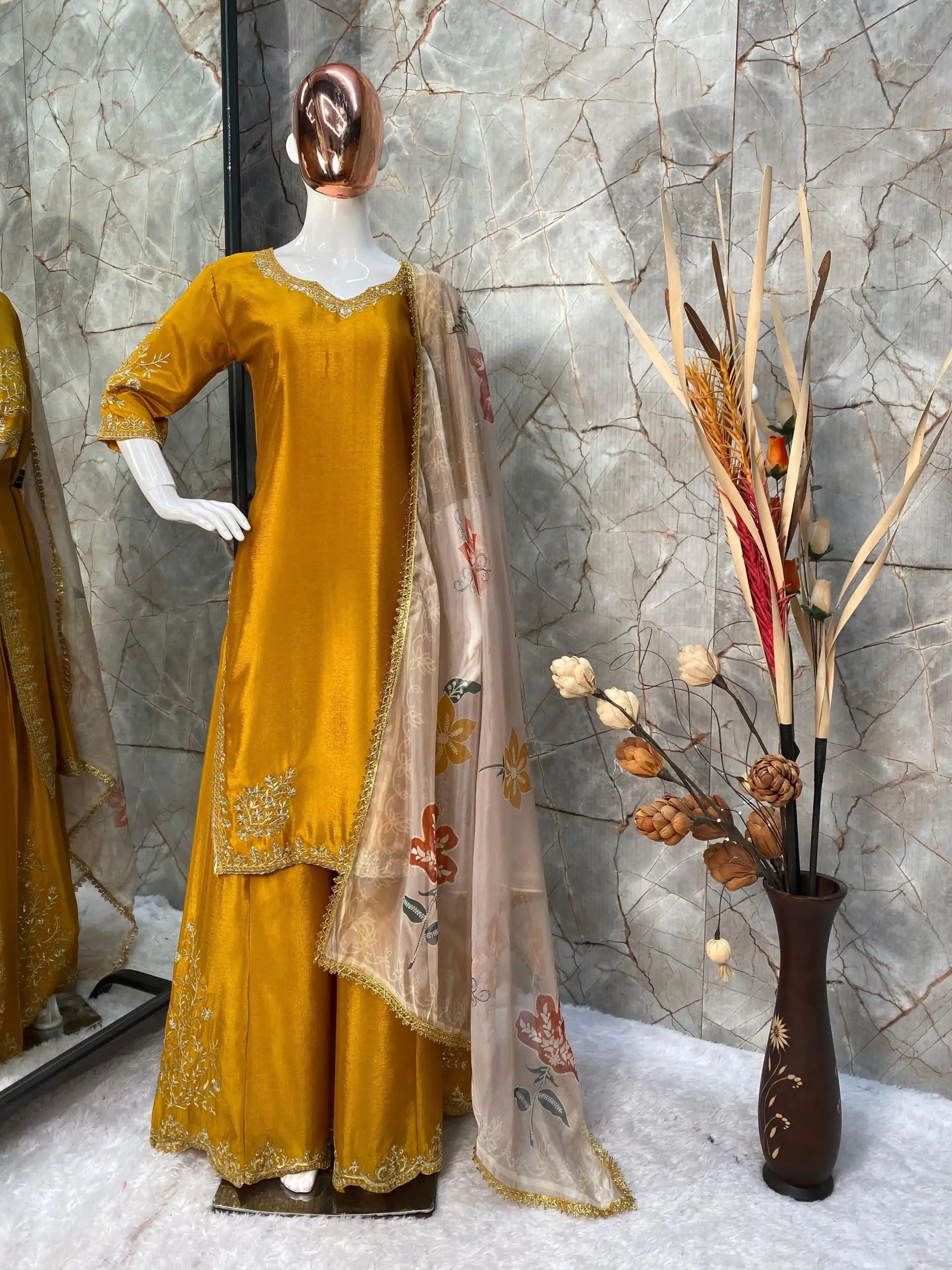 LG 1872 Yellow Color Chinnon Silk With Embroidery Work Sharara Suit Wedding, Party, Festive, Events Etc.  Expected Delivery 4-6 Working Days @2049/- | Casual Suits, Jump Suits, Creative suits, Designer Suits, Palazzo Suits, Party Wear Suits, Patiala Suits, Salwar suit, Straight Suits