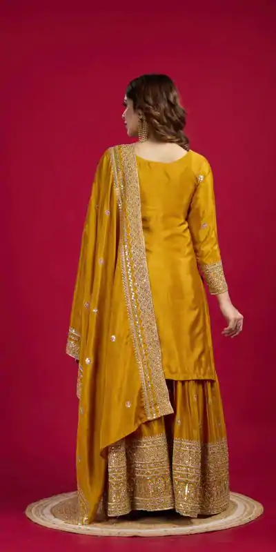 NSR-800 Yellow Color Chinnon Silk With Embroidery Work Sharara Suit Wedding, Party, Festive, Events Etc.  Expected Delivery 4-6 Working Days @2149/- | Casual Suits, Jump Suits, Creative suits, Designer Suits, Palazzo Suits, Party Wear Suits, Patiala Suits, Salwar suit, Straight Suits