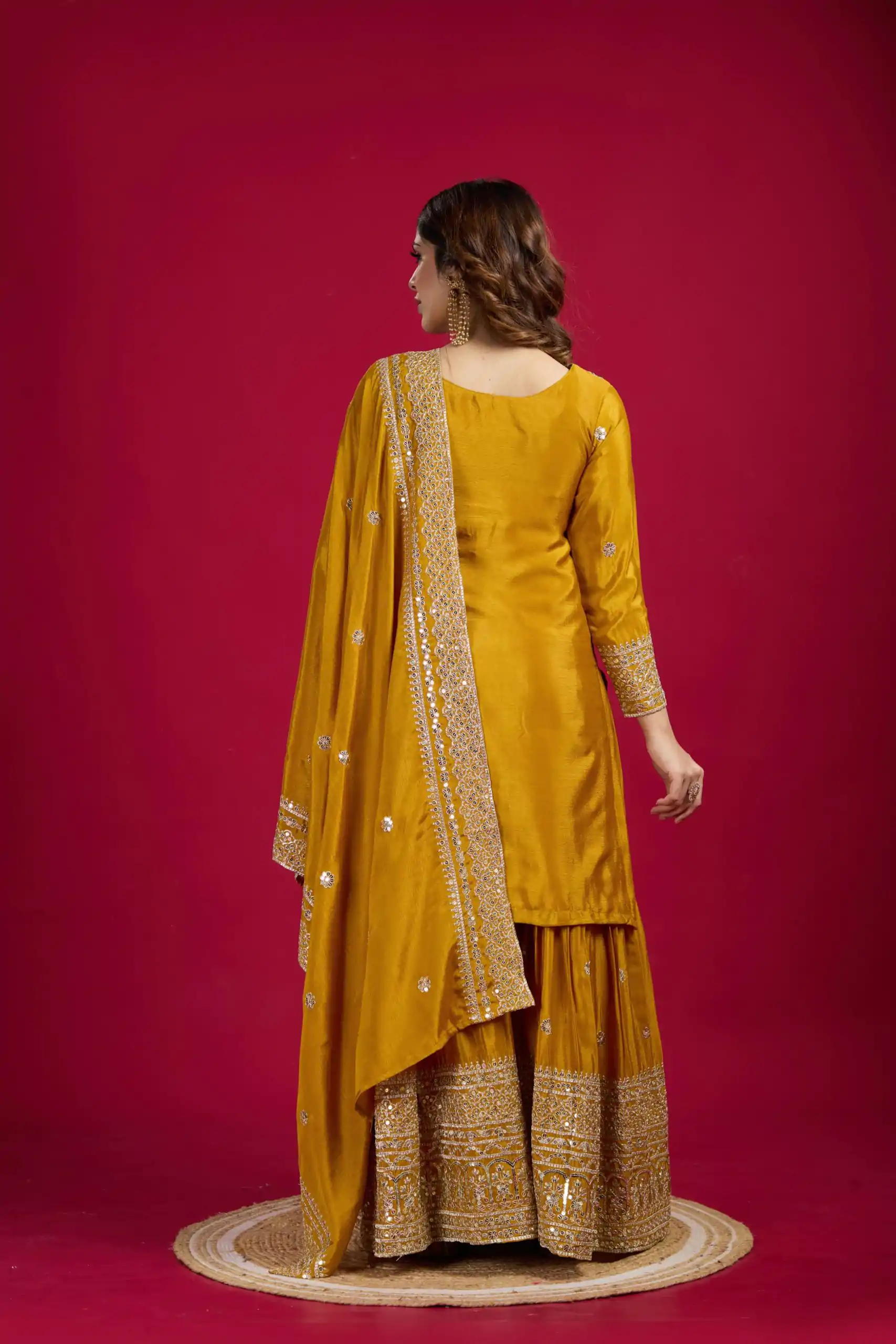 NSR-800 Yellow Color Chinnon Silk With Embroidery Work Sharara Suit Wedding, Party, Festive, Events Etc.  Expected Delivery 4-6 Working Days @2149/- | Casual Suits, Jump Suits, Creative suits, Designer Suits, Palazzo Suits, Party Wear Suits, Patiala Suits, Salwar suit, Straight Suits