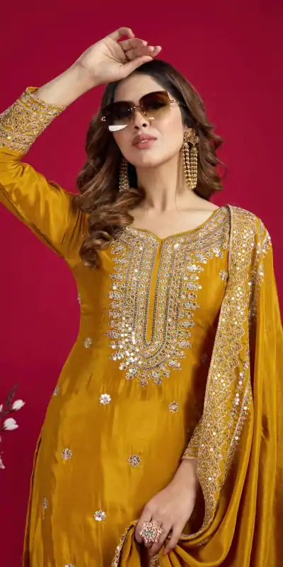 NSR-800 Yellow Color Chinnon Silk With Embroidery Work Sharara Suit Wedding, Party, Festive, Events Etc.  Expected Delivery 4-6 Working Days @2149/- | Casual Suits, Jump Suits, Creative suits, Designer Suits, Palazzo Suits, Party Wear Suits, Patiala Suits, Salwar suit, Straight Suits